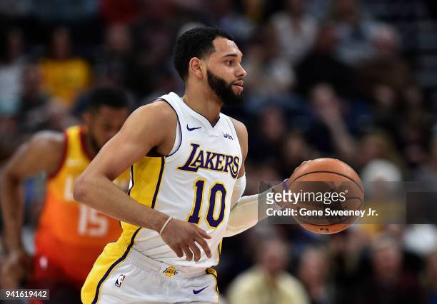 Tyler Ennis of the Los Angeles Lakers controls the ball in the first half of a game against the Utah Jazz at Vivint Smart Home Arena on April 3, 2018...