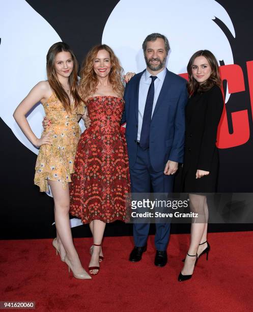 Iris Apatow, Leslie Mann, Judd Apatow, and Maude Apatow attend the premiere of Universal Pictures' "Blockers" at Regency Village Theatre on April 3,...