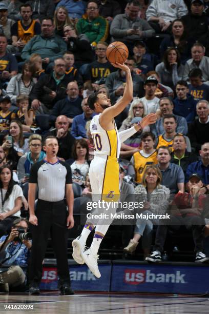 Tyler Ennis of the Los Angeles Lakers shoots the ball against the Utah Jazz on April 3, 2018 at vivint.SmartHome Arena in Salt Lake City, Utah. NOTE...