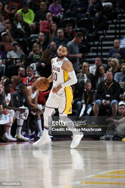 Tyler Ennis of the Los Angeles Lakers handles the ball against the Utah Jazz on April 3, 2018 at vivint.SmartHome Arena in Salt Lake City, Utah. NOTE...