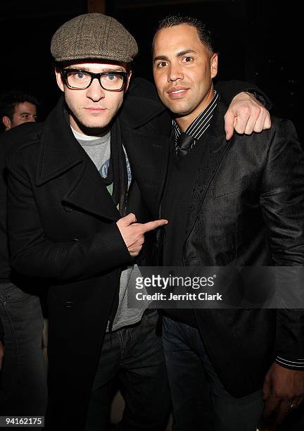Justin Timberlake and New York Mets' Carlos Beltran attend Timbaland's "Shock Value II" album release party at Hudson Terrace on December 8, 2009 in...