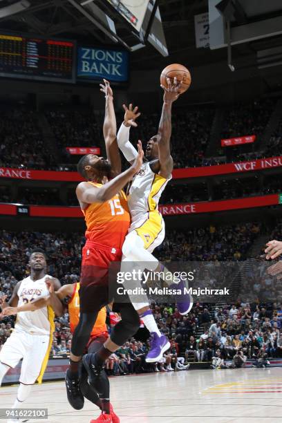 Kentavious Caldwell-Pope of the Los Angeles Lakers shoots the ball against the Utah Jazz on April 3, 2018 at vivint.SmartHome Arena in Salt Lake...