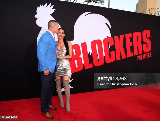 John Cena and Nikki Bella attend the premiere of Universal Pictures' "Blockers" at Regency Village Theatre on April 3, 2018 in Westwood, California.
