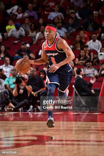 Tim Frazier of the Washington Wizards brings the ball up court against the Houston Rockets on April 3, 2018 at the Toyota Center in Houston, Texas....