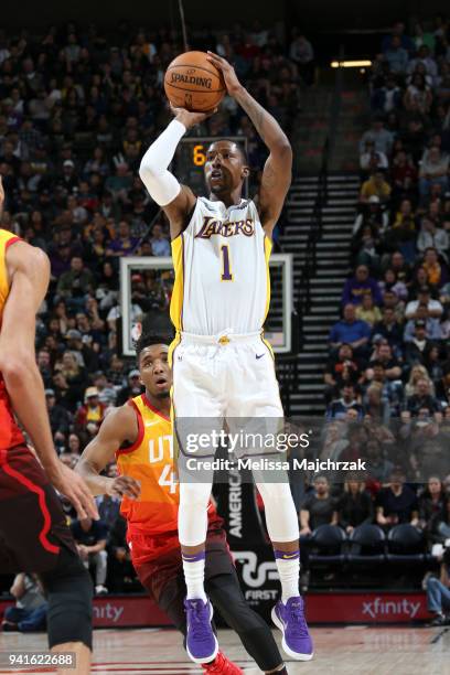 Kentavious Caldwell-Pope of the Los Angeles Lakers shoots the ball against the Utah Jazz on April 3, 2018 at vivint.SmartHome Arena in Salt Lake...