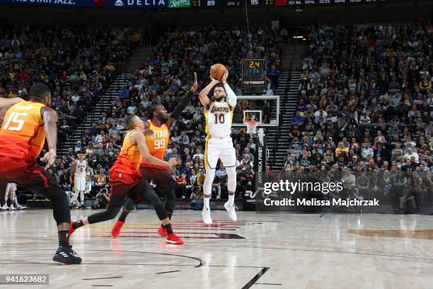 Tyler Ennis of the Los Angeles Lakers shoots the ball against the Utah Jazz on April 3, 2018 at vivint.SmartHome Arena in Salt Lake City, Utah. NOTE...