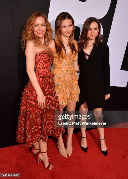 Leslie Mann, Iris Apatow, and Maude Apatow attend the premiere of Universal Pictures' "Blockers" at Regency Village Theatre on April 3, 2018 in...