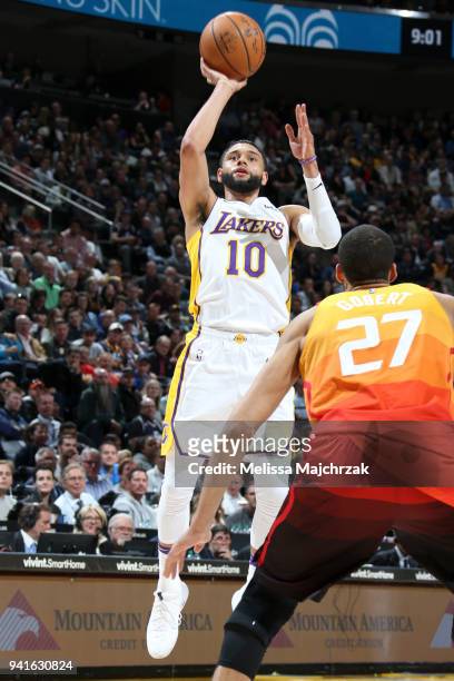Tyler Ennis of the Los Angeles Lakers shoots the ball against the Utah Jazz on April 3, 2018 at vivint.SmartHome Arena in Salt Lake City, Utah. NOTE...