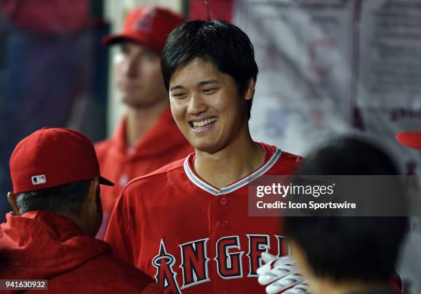 Los Angeles Angels of Anaheim pitcher Shohei Ohtani in the dugout after hitting a three run home run in the first inning of a game against the...