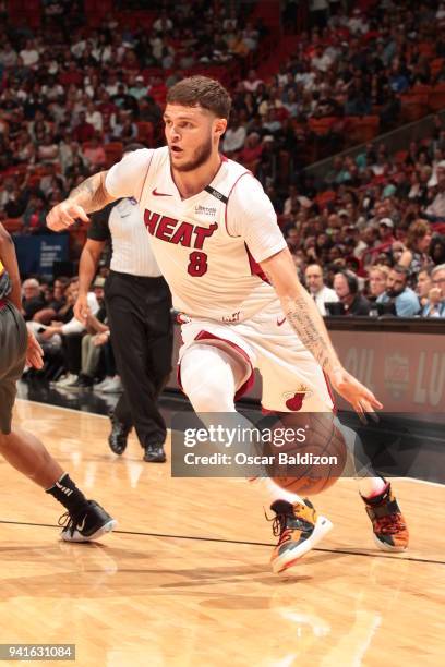 Tyler Johnson of the Miami Heat handles the ball against the Atlanta Hawks on April 3, 2018 at American Airlines Arena in Miami, Florida. NOTE TO...