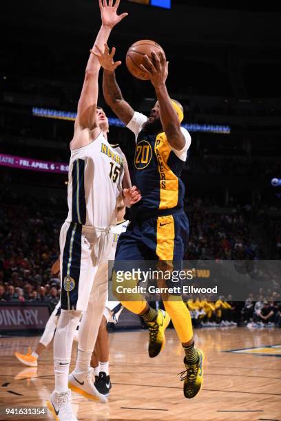 Trevor Booker of the Indiana Pacers handles the ball against the Denver Nuggets on April 3, 2018 at the Pepsi Center in Denver, Colorado. NOTE TO...