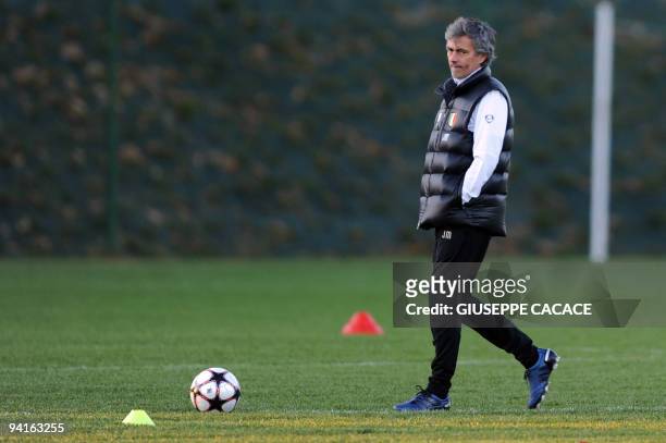 Inter Milan's Portuguese coach Jose Mourinho attends a training session of the team on the eve of their UEFA Champions League football match against...