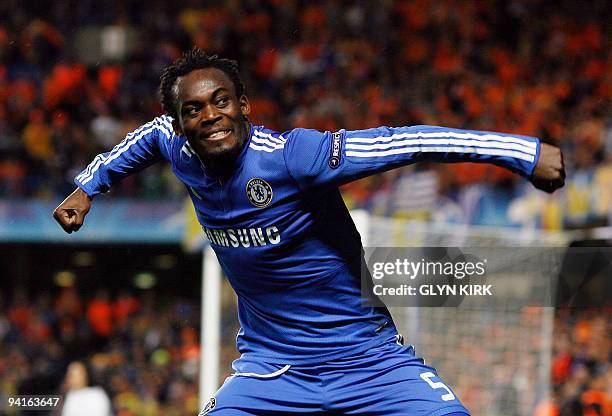 Chelsea's Ghanaian midfielder Michael Essien celebrates scoring a goal during their UEFA Champions League Group D match against Apoel Nicosia at...