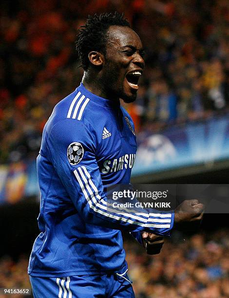 Chelsea's Ghanaian midfielder Michael Essien celebrates scoring a goal during their UEFA Champions League Group D match against Apoel Nicosia at...