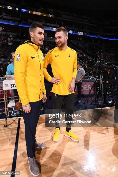 Juan Hernangomez of the Denver Nuggets and Domantas Sabonis of the Indiana Pacers speak before the game on April 3, 2018 at the Pepsi Center in...