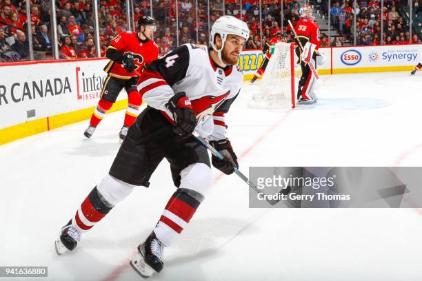 Richard Panik of the Arizona Coyotes in an NHL game on April 3, 2018 at the Scotiabank Saddledome in Calgary, Alberta, Canada.