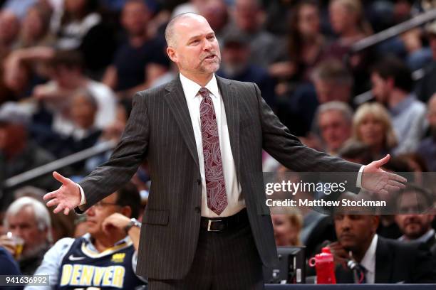 Head coach Michael Malone of the Denver Nuggets reacts to a foul call as his team plays the Indiana Pacers at the Pepsi Center on April 3, 2018 in...