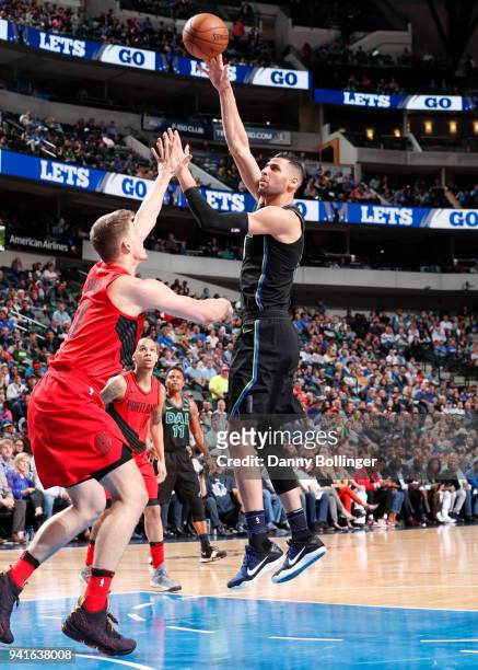 Salah Mejri of the Dallas Mavericks shoots the ball against the Portland Trail Blazers on April 3, 2018 at the American Airlines Center in Dallas,...