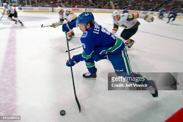 Nate Schmidt of the Vegas Golden Knights chases Brendan Leipsic of the Vancouver Canucks up the ice during their NHL game at Rogers Arena April 3,...