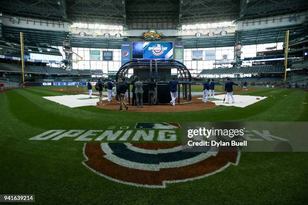 General view of Opening Day signage as the Milwaukee Brewers warm up before the game against the St. Louis Cardinals at Miller Park on April 2, 2018...