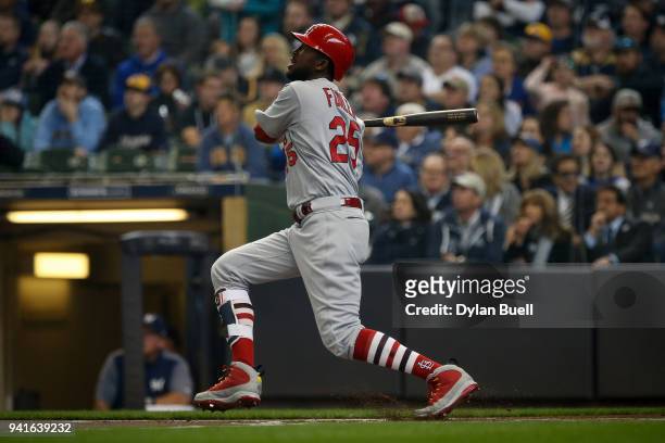 Dexter Fowler of the St. Louis Cardinals flies out in the first inning against the Milwaukee Brewers at Miller Park on April 2, 2018 in Milwaukee,...