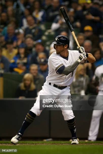 Eric Sogard of the Milwaukee Brewers bats in the seventh inning against the St. Louis Cardinals at Miller Park on April 2, 2018 in Milwaukee,...