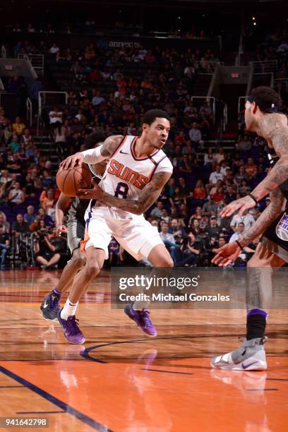 Tyler Ulis of the Phoenix Suns handles the ball against the Sacramento Kings on April 4, 2018 at Talking Stick Resort Arena in Phoenix, Arizona. NOTE...