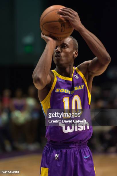 Andre Ingram of the South Bay Lakers shoots a free throw against the Reno Bighorns during an NBA G-League game on April 3, 2018 at the Reno Events...