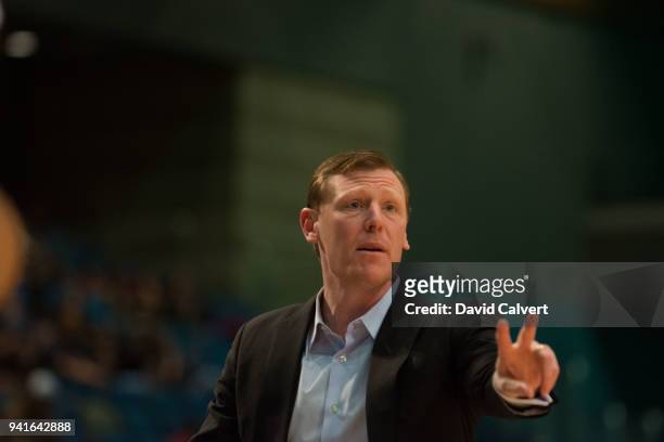Head coach Coby Karl of the South Bay Lakers on the sidelines against the Reno Bighorns during an NBA G-League game on April 3, 2018 at the Reno...