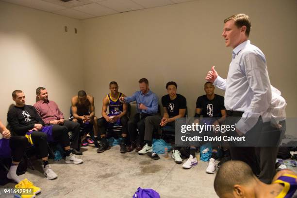 Head coach Coby Karl of the South Bay Lakers talks to his team after beating the Reno Bighorns during an NBA G-League game on April 3, 2018 at the...