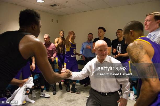 The South Bay Lakers celebrate their win over the Reno Bighorns following an NBA G-League game on April 3, 2018 at the Reno Events Center in Reno,...