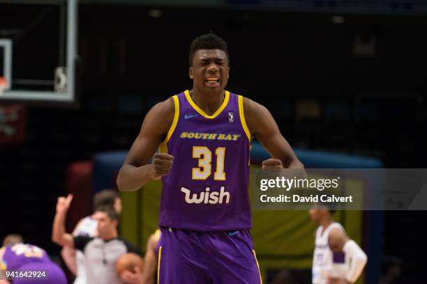 Thomas Bryant of the South Bay Lakers reacts to a call against the Reno Bighorns during an NBA G-League game on April 3, 2018 at the Reno Events...
