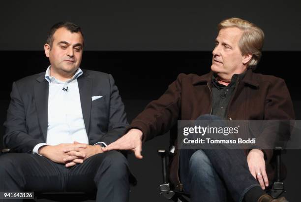 Ali Soufan and Jeff Daniels speak onstage during the "The Looming Tower" FYC screening at the Television Academy on April 3, 2018 in Los Angeles,...