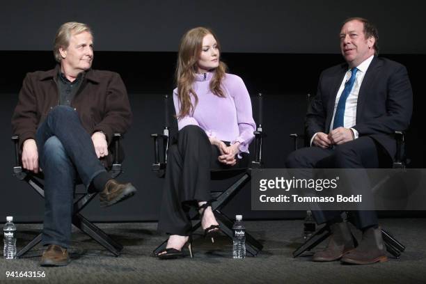 Jeff Daniels, Wrenn Schmidt and Bill Camp speak onstage during the "The Looming Tower" FYC screening at the Television Academy on April 3, 2018 in...