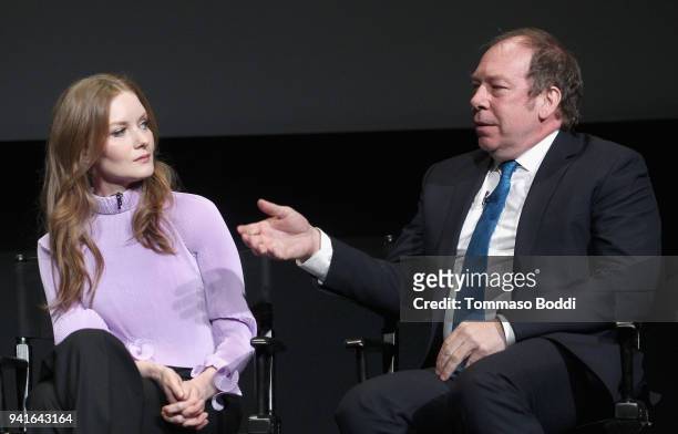 Wrenn Schmidt and Bill Camp speak onstage during the "The Looming Tower" FYC screening at the Television Academy on April 3, 2018 in Los Angeles,...