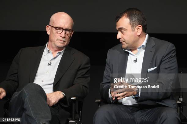 Alex Gibney and Ali Soufan speak onstage during the "The Looming Tower" FYC screening at the Television Academy on April 3, 2018 in Los Angeles,...