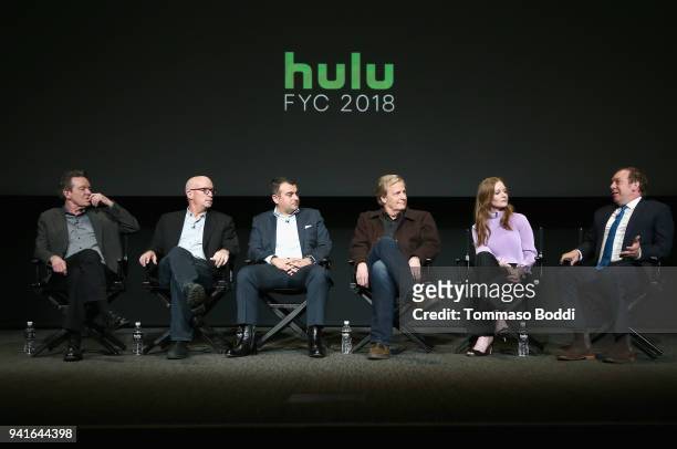 Executive producers Lawrence Wright, Alex Gibney, Ali Soufan, actors Jeff Daniels, Wrenn Schmidt and Bill Camp speak onstage during the "The Looming...