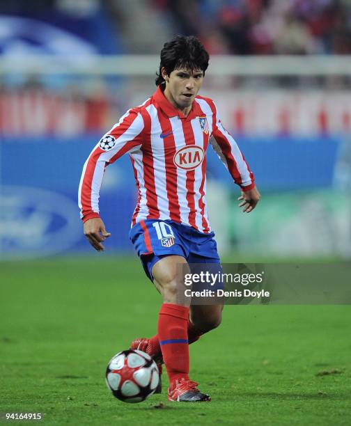 Sergio Aguero of Atletico Madrid passes the ball during the UEFA Champions League Group D match between Atletico Madrid and FC Porto at the Vicente...