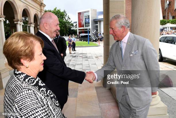 Prince Charles, Prince of Wales is greeted by the Governor-General Sir Peter Cosgrove and his wife Lynne Cosgrove on arrival to Brisbane on April 4,...