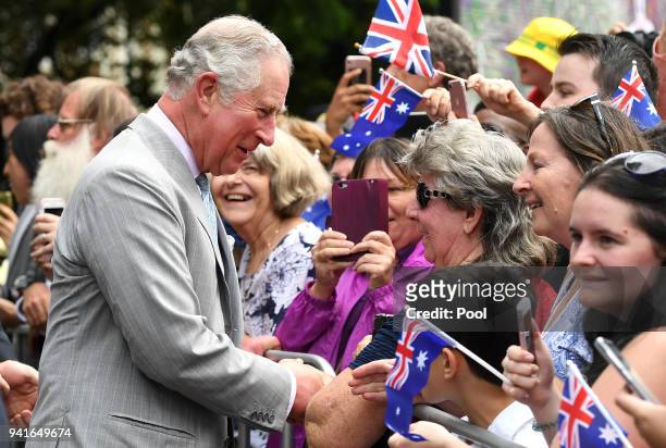 Prince Charles, Prince of Wales is greeted by members of the public during a visit to Brisbane on April 4, 2018 in Brisbane, Australia. The Prince of...