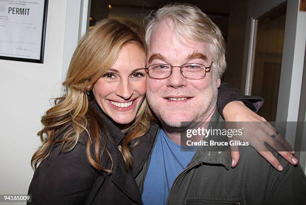 Julia Roberts and Philip Seymour Hoffman pose backstage at LAByrinth Theater Company's 6th Annual Gala Benefit at St. Paul The Apostle Church on...