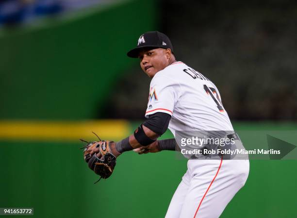 Starlin Castro of the Miami Marlins in action throwing during the game against the Boston Red Sox at Marlins Park on April 2, 2018 in Miami, Florida.