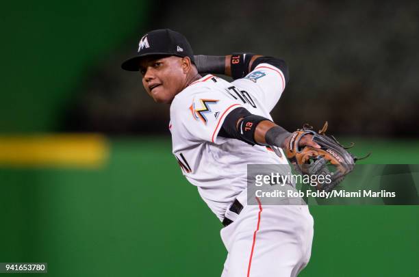 Starlin Castro of the Miami Marlins in action throwing during the game against the Boston Red Sox at Marlins Park on April 2, 2018 in Miami, Florida.