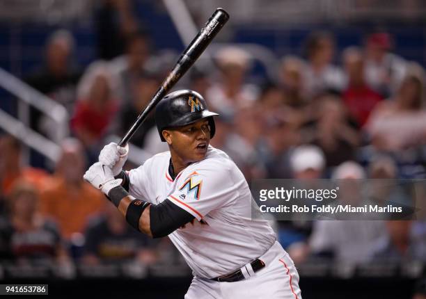 Starlin Castro of the Miami Marlins in action at bat during the game against the Boston Red Sox at Marlins Park on April 2, 2018 in Miami, Florida.