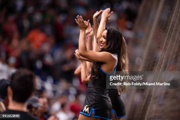 The Miami Marlins mermaids perform during the game against the Boston Red Sox at Marlins Park on April 2, 2018 in Miami, Florida.