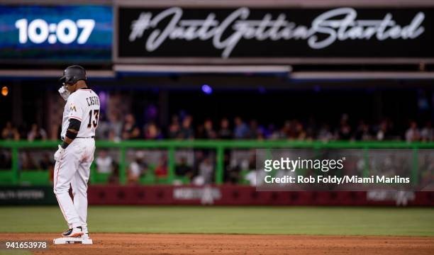 Starlin Castro of the Miami Marlins gestures after hitting a double during the game against the Boston Red Sox at Marlins Park on April 2, 2018 in...