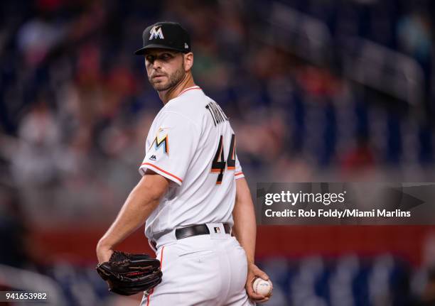 Jacob Turner of the Miami Marlins looks back towards first base during the game against the Boston Red Sox at Marlins Park on April 2, 2018 in Miami,...