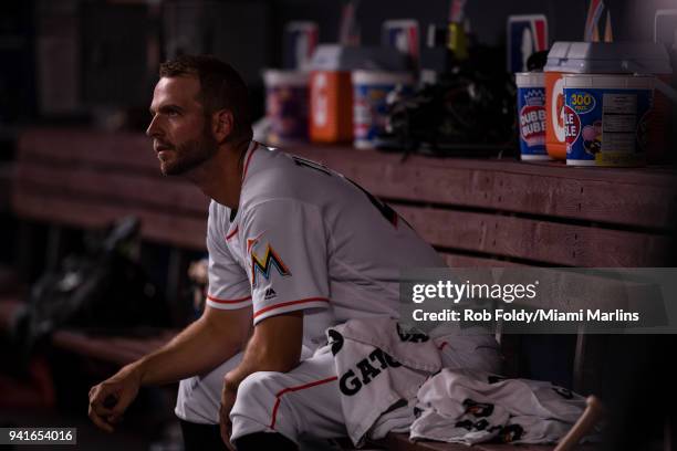 Jacob Turner of the Miami Marlins looks on from the dugout during the game against the Boston Red Sox at Marlins Park on April 2, 2018 in Miami,...