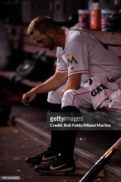 Jacob Turner of the Miami Marlins sits in the dugout during the game against the Boston Red Sox at Marlins Park on April 2, 2018 in Miami, Florida.