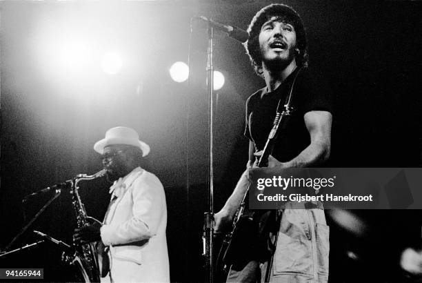 Bruce Springsteen performs live on stage with Clarence Clemons at RAI Congres Hall in Amsterdam, Holland on November 23 1975 during his Born To Run...